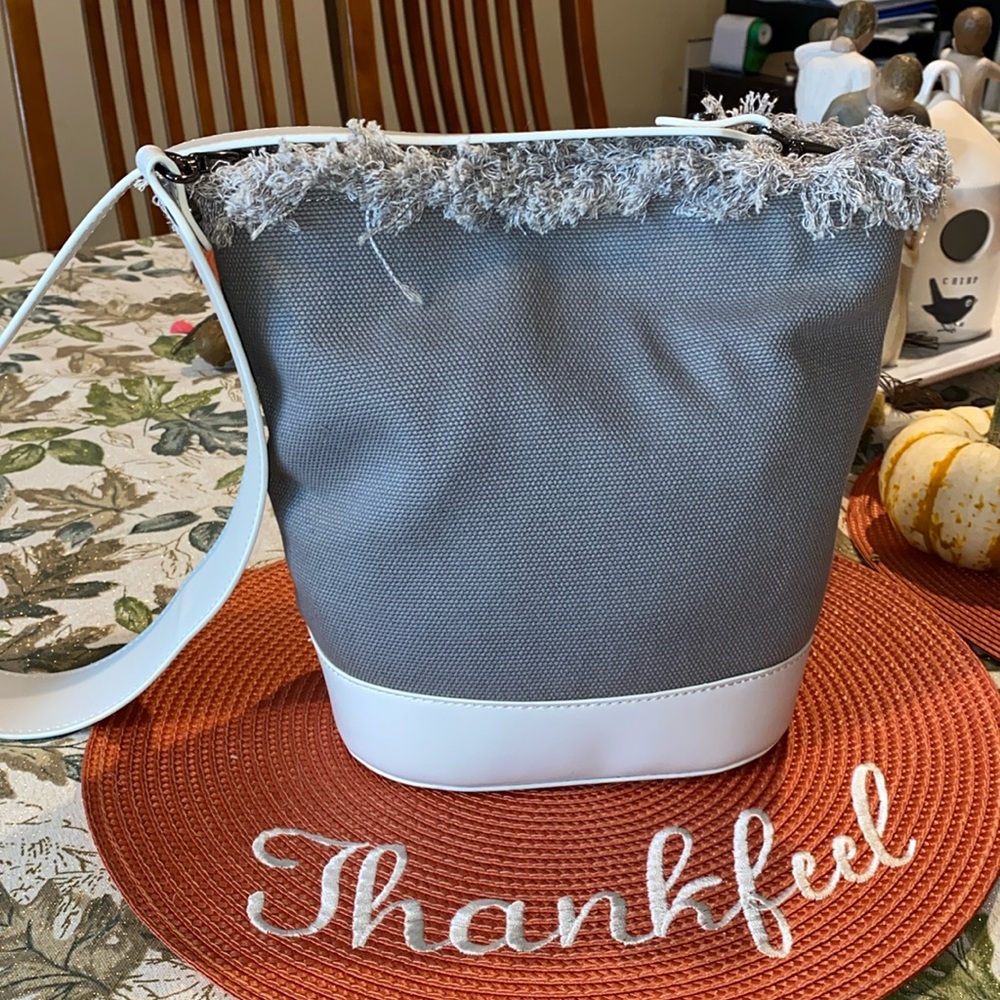 Neiman Marcus Canvas Gray Frayed Edge Detachable Strap Bucket Bag EUC